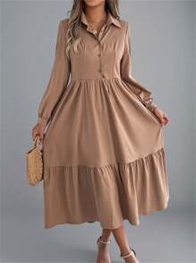Vestido de otoño con cuello de solapa, tapeta parcial con botones, manga larga, ribete de volantes, liso, midi, recto, sofisticado, para el día y la noche, para mujer - Caqui - Ver 3
