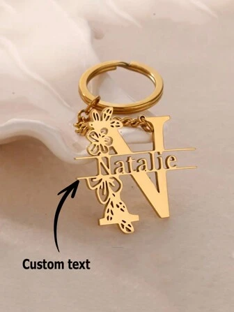 1pc Personalized Stainless Steel Key Chain With Initial And Floral Design, Elegant Graduation/Birthday Gift For Women, Fashion Accessories, Ideal For Christmas, Halloween, Valentine's Day, 2024 New Product, Keychain, Engraved, Stainless, Colorful, Cute, Y2K, Stylish, Unisex, Casual, Custom, Personalized, Unique, Customized, Ideal Gifts For Him, Ideal Gifts For Her, Her, Boyfriend