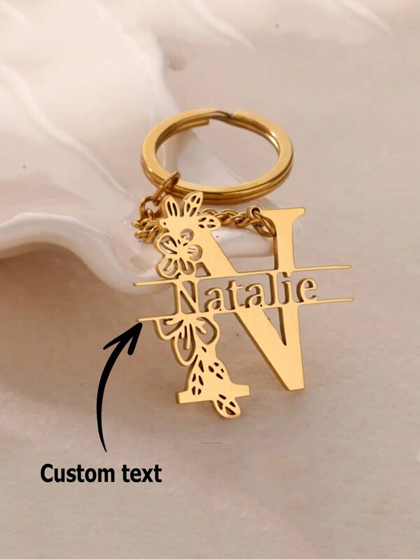 1pc Personalized Stainless Steel Key Chain With Initial And Floral Design, Elegant Graduation/Birthday Gift For Women, Fashion Accessories, Ideal For Christmas, Halloween, Valentine's Day, 2024 New Product, Keychain, ,Engraved,Stainless,Colorful,Cute,Adorable,Funny,Kawaii,Y2K,Stylish,Unisex,Casual,Custom,Personalized,Unique,Customized,Ideal Gifts For Him,Ideal Gifts For Her,Her,Boyfriend,Girlfriend,Family,Friends,Travel Accessories,Travel Accessories