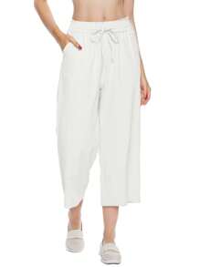 SANOPY Women's Pants,Scrub Pants For Women,Linen Pants Women,Women's Linen Cropped Pants With Pockets, High Waist Retro Loose Drawstring Cotton Wide Leg Pants Casual Style - 白色 - 查看 2