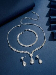 4pcs/Set Minimalist Elegant Floral Drop Pendant Necklace, Earrings, Bracelet Jewelry Set, Rhinestones Bridal Wedding Dress Accessories, Party, Valentine's Day Gifts For Her,Mom,Mother,Mother's Day,Gift