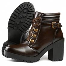 Women's Combat Boot High Heel Smooth Shaft Short Tractor Comfortable Lightweight And Stylish - Coffee Brown - View 2