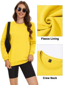 Women's Spring Fall Fleece Lined Sweatshirt Warm Fuzzy Crew Neck Long Sleeve Casual Tops Lightweight Soft Basic Pullovers - 黃色 - 查看 3