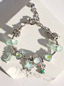 1 件破碎童话魅力手链、绿色手链、可调节心形手链、蝴蝶吊坠项链、月亮项链 - 銀色 - 查看 11