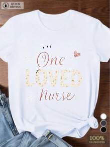 Heart-Shaped Number One LOVED Nurse Women's Single Side Printed Short Sleeve T-Shirt Round Neck Summer Fashion Solid Basic T-Shirt Tops Casual Summer Shirts