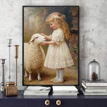 Little Shepherdess Canvas Wall Art, Vintage Farm Animal Art Canvas Prints, Girl And Lamb Artwork Farmhouse Art Rustic Wall Decor For Bedroom Living Room, Framed And Ready To Hang. (30x45cm)12x18inch Framed - White - View 7