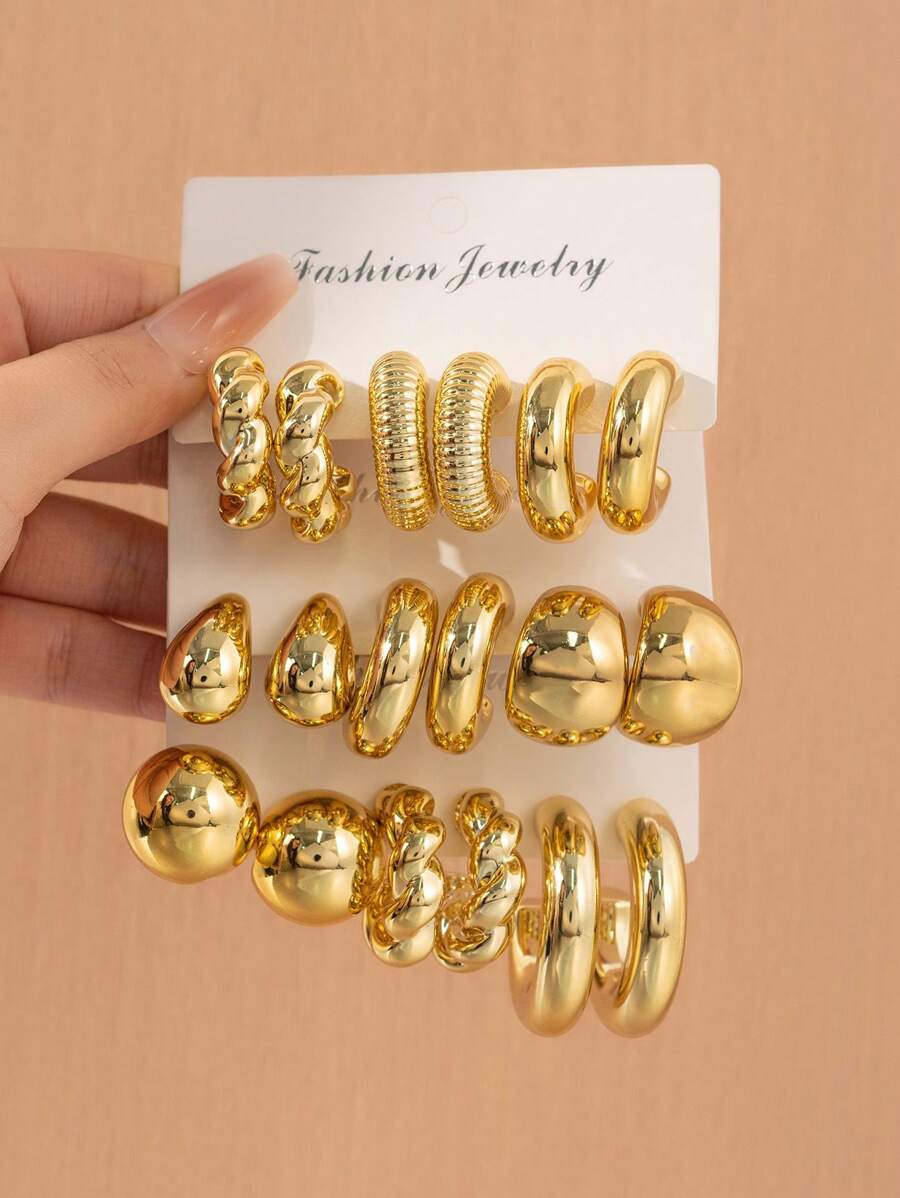 Set de 6-18 piezas de joyas de pendientes con tonos dorados ligeros y elegantes, adecuados para uso diario durante todo el año - Conjunto de pendientes CCB de oro - Ver 1