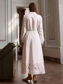 Simplee Women's Spring/Autumn New Solid Color Hollow Lace Patchwork Button Decor Maxi Dress, Elegant Formal Dress, Vintage Style, Birthday Dress