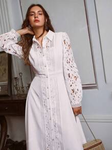 Simplee Women's Spring/Autumn New Solid Color Hollow Lace Patchwork Button Decor Maxi Dress, Elegant Formal Dress, Vintage Style, Birthday Dress
