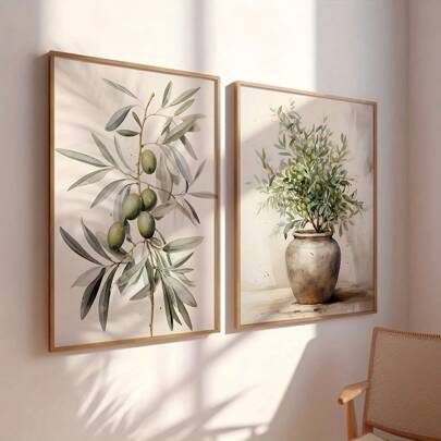 2 Pieces Watercolor Olive Branch Art Poster Print, Vintage Botanical Canvas Painting, Mediterranean Style Wall Art, Living Room Home Office Decor - On Canvas (Framed) Gifts Birthday Graduation
