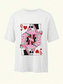 Women Loose Drop Shoulder Short Sleeve Casual Coffee Lover "Queen Of Hearts" T-Shirt, Summer White - White - View 2