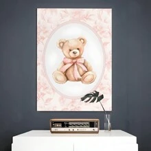 1 Pc Framed Vintage Bear Nursery Wall Art, Girl Nursery Decor, Pink Wall Art Canvas Poster Painting Wall Decor for Bedroom Living Room - Rosa Roja - Ver 2
