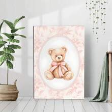 1 Pc Framed Vintage Bear Nursery Wall Art, Girl Nursery Decor, Pink Wall Art Canvas Poster Painting Wall Decor for Bedroom Living Room - Rosa Roja - Ver 3