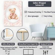 1 Pc Framed Vintage Bear Nursery Wall Art, Girl Nursery Decor, Pink Wall Art Canvas Poster Painting Wall Decor for Bedroom Living Room - Rosa Roja - Ver 4