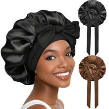 2026 New Sleeping Bonnet 2PC Double Layer Satin Bonnet With Tie Band For Sleeping  Satin Lined Silk Skin Friendly Bonnet For Sleeping Hair Bonnets For Women Natural Curly Hair - Black&Brown - 查看 1