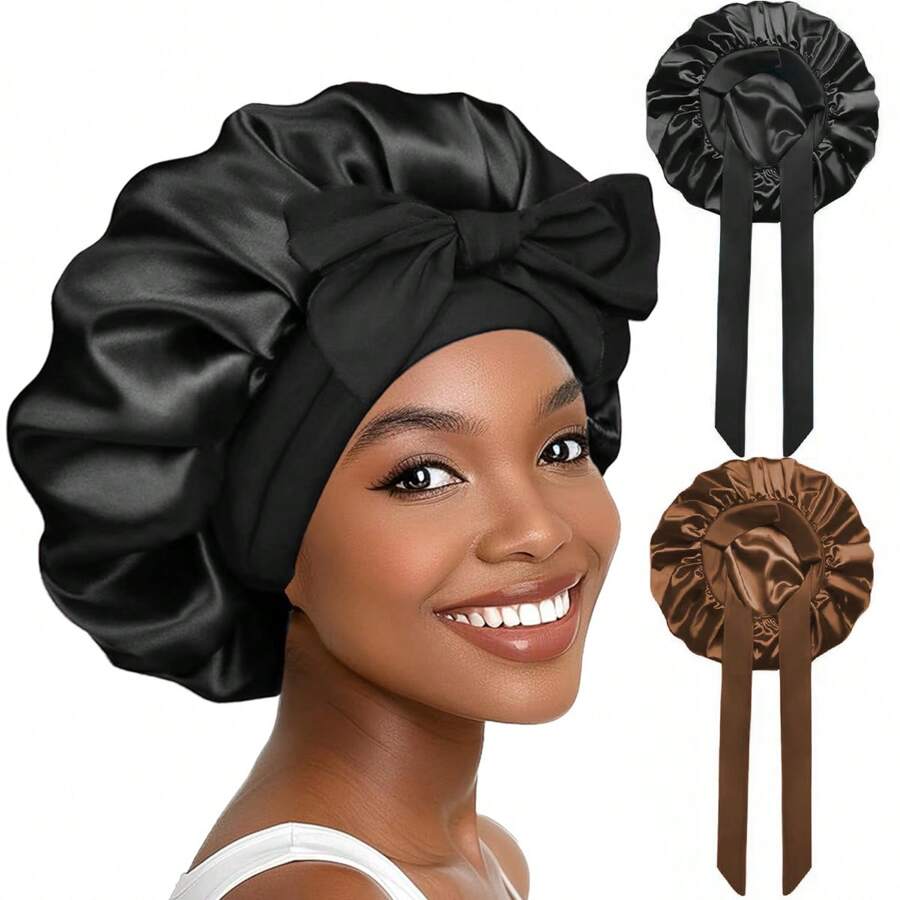 2026 New Sleeping Bonnet 2PC Double Layer Satin Bonnet With Tie Band For Sleeping Satin Lined Silk Skin Friendly Bonnet For Sleeping Hair Bonnets For Women Natural Curly Hair - Black&Brown - 查看 1