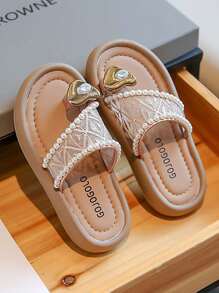 1 双女童软底防滑网眼珍珠心形时尚凉鞋，适合夏季 - 香檳色 - 查看 2