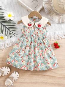 1 件女童草莓全印花领宽松休闲连衣裙，适合外出、度假、聚会、夏季 - 薄荷藍 - 查看 1