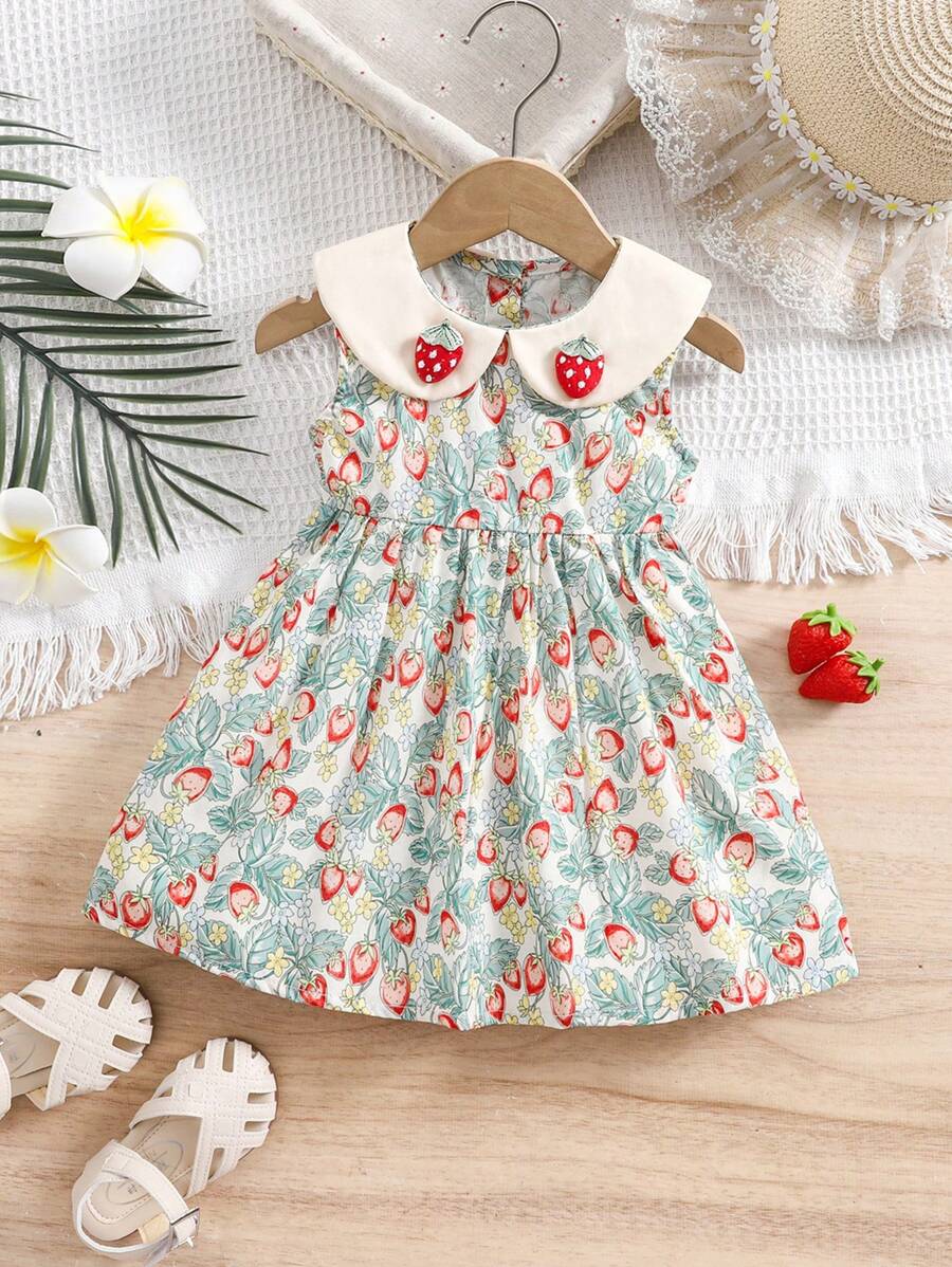 1 件女童草莓全印花领宽松休闲连衣裙,适合外出、度假、聚会、夏季 - 薄荷藍 - 查看 1