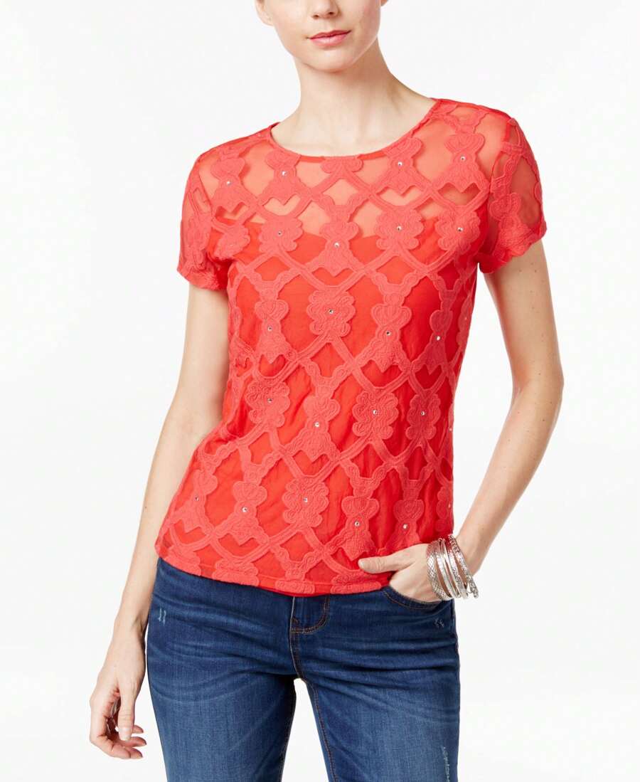 INC International Concepts Petite Embroidered Illusion Top - Red - View 1