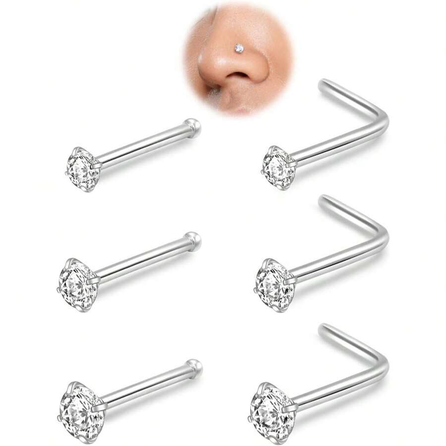 AVYRING 6PCS 18G 20G Stainless Steel Nose Ring,Hypoallergenic Nose Ring Studs Set L Shape Nose Studs Body Piercing Nose Hoop Ring For Women Men - 6-piece Nose Stud Set - View 1