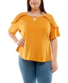 Plus Size Short Sleeve With Lace Shoulders Top - 金色 - 查看 2