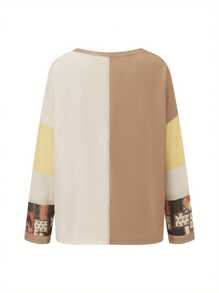 Women's Spring Tops O Neck Long Sleeves Waffle Splicing Daisy Pattern Loose Comfortable Casual Fashion T-Shirts - Khaki - View 7