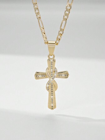 1pc European & American Style 14K Gold Plated Cross Pendant Necklace With Zirconia Stone Layered Design, Suitable Gift For Mother, Couples, Friends And Believers To Wear Everyday Or For Festivals To Pray