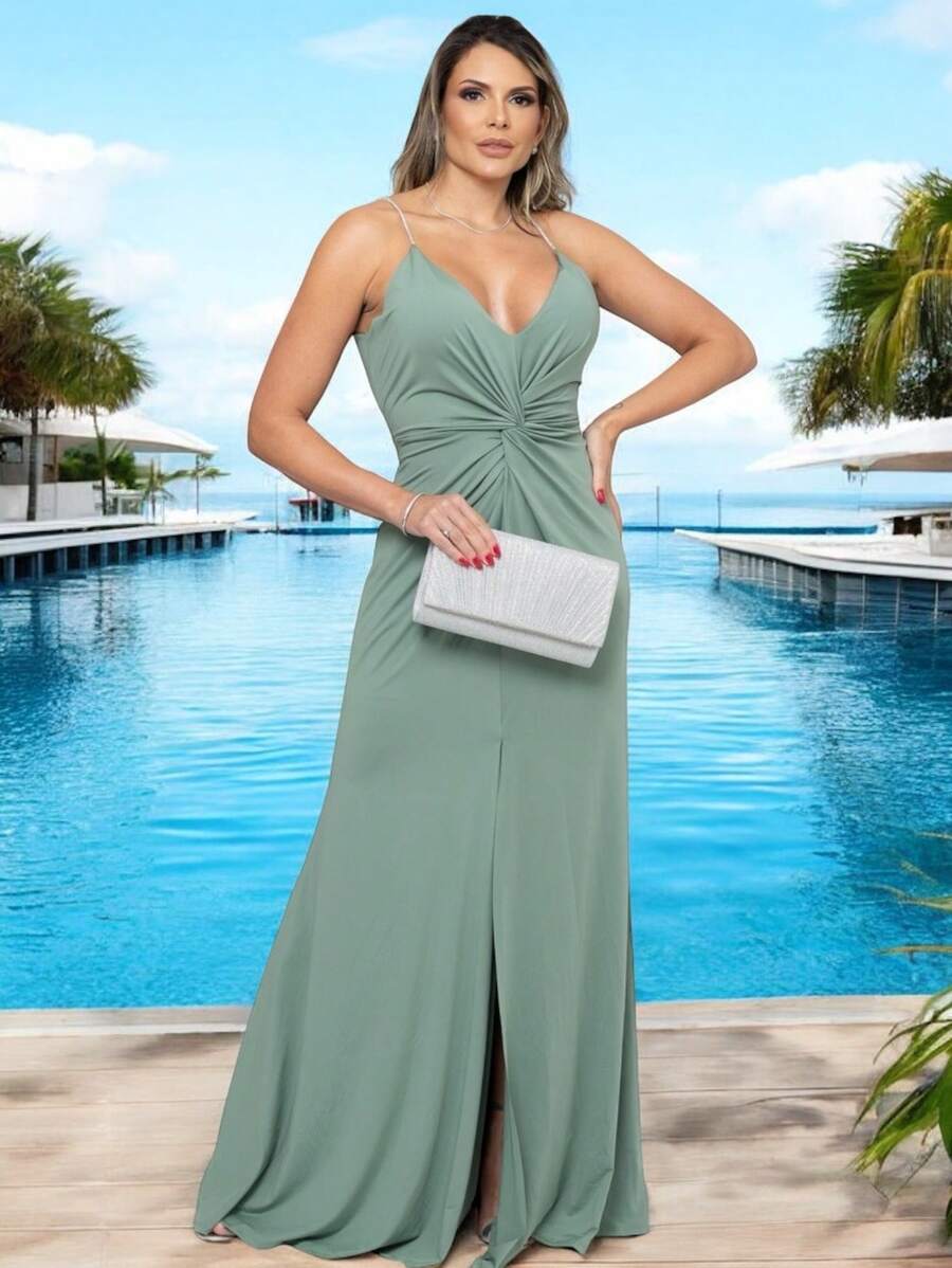 Long Party Dress With Lined Cups, Elasticity, Straps In Shiny Rhinestones, Cut-Out, Front Slit, Fluid Mesh, Fluid And Elegant Fit, One Size Fits 36 To 42 - Olive Green - View 1