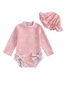 2Pcs Baby Girl Swimsuit Baby Girls Long Sleeve One Piece Swimsuit Romper With Hat Bathing Suit Toddler Bathing Suit