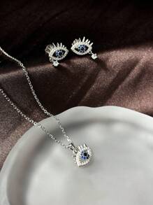 1 Set 925 Silver Zirconia Blue + Silver Eye Lash Design Earrings Pendant Necklace Set, Lightweight Luxury Creative Jewelry Set, Suitable For Ladies Wear In Daily Gatherings And Parties - Blue - View 2