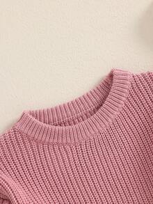 Ropa de invierno para niña, suéter básico liso con volantes, jersey para niño pequeño, suéter de color liso de manga larga y cuello redondo para recién nacidos. - Rosa - Ver 6