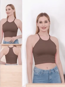 Top Halter Unicolor.  Tela Elástica. - Café integral - Ver 2