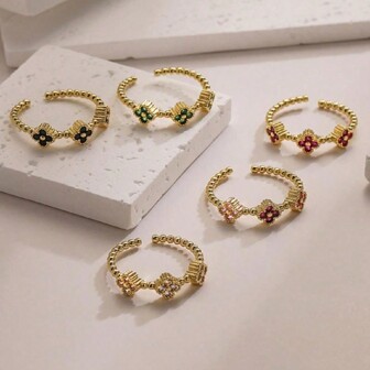 1pc 18K Layered Pearl & Zirconia 4-Leaf Flower Stainless Steel Ring, Luxury Fashion Suitable For Party, Date, Office Wear