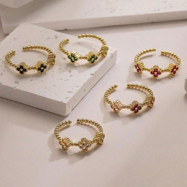 1pc 18K Layered Pearl Clover Zirconia Stainless Steel Ring, Elegant For Women, Suitable For Party, Date, And Office Wear