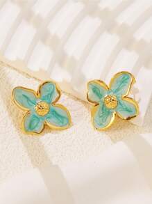 1 对自然风格珐琅彩色滴状鸡蛋花花卉耳钉，不锈钢设计适合女性日常和通勤佩戴 - 新FYD6111系列 - 查看 7