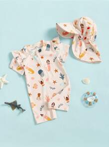 Toddler Girls Rash Guard Swimsuit Playsuits Short Sleeve Mermaid/Shell Print Kids Bathing Suit With Swim Cap - Apricot - View 3