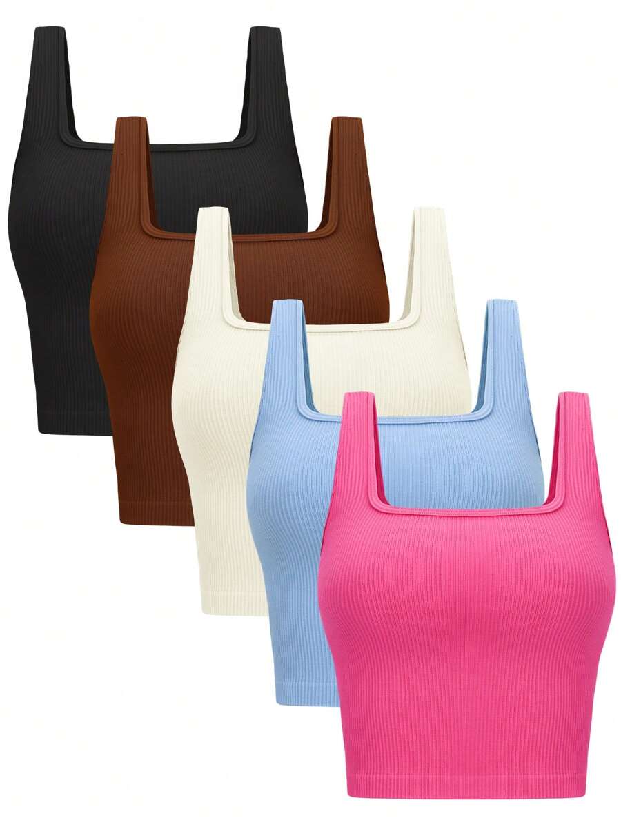 3 Piece Women's Tank Tops Ribbed Seamless Workout Exercise Shirts Yoga Crop Tops Sleeveless Square Neck Workout Top Summer Exercise Yoga Gym Shirts - Đen/trắng nhạt/nâu/xanh nhạt/hồng hồng - Xem 1