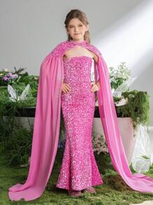 Vestido de fiesta para preadolescentes con capa de gasa con mangas y decoración de lentejuelas - Rosa - Ver 7