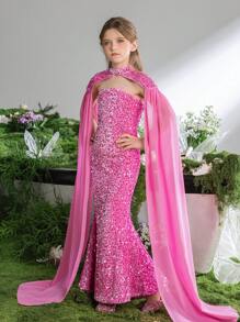 Vestido de fiesta para preadolescentes con capa de gasa con mangas y decoración de lentejuelas - Rosa - Ver 6