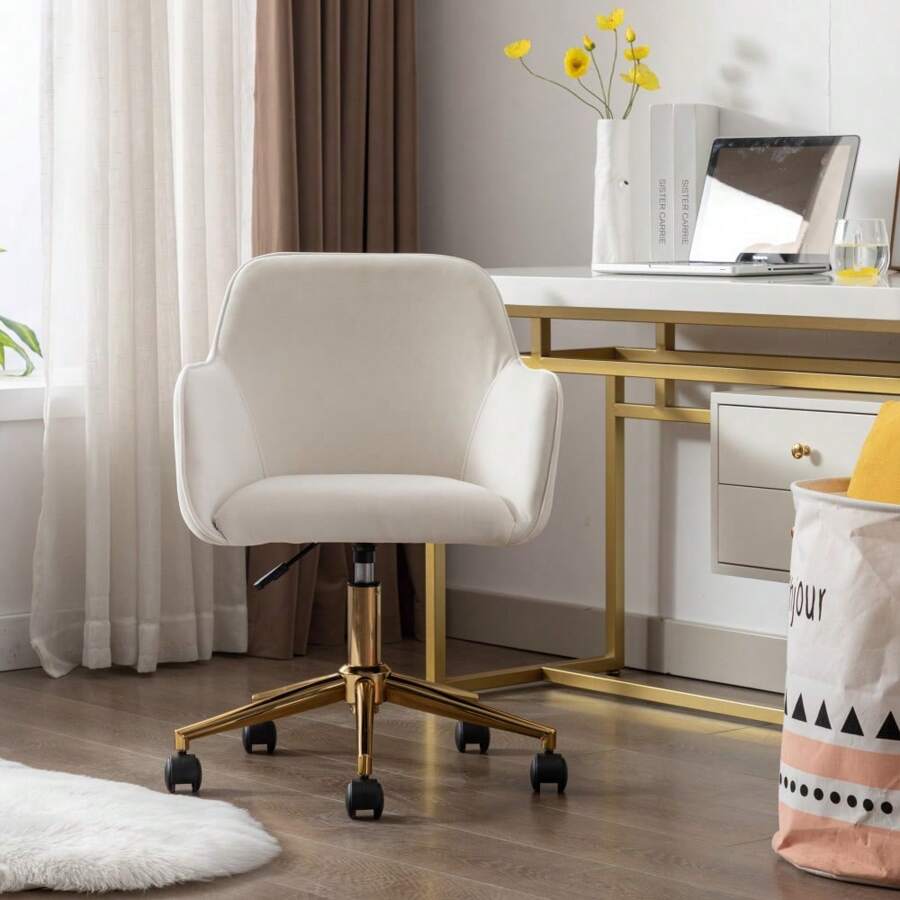 LITZEE New Height Adjustable Velvet Office Swivel Chair For Indoor Desk With Gold Legs, Ivory Color