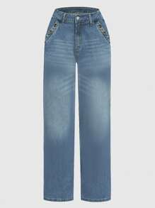 Women's Double Breasted Stitched Low Waisted Flared Jeans, Non Elastic, Loose, Comfortable Casual Denim Wide Leg Pants