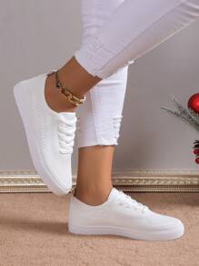 女士圆头休闲运动鞋，白色平底运动鞋，工作运动鞋，春秋季 - 白色 - 查看 4