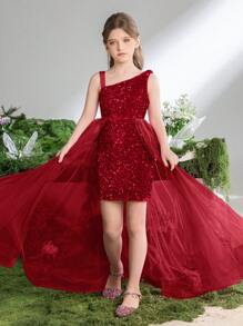1pc Tween Girls' Sequined Dress With Asymmetric Neckline And Mesh Waist Detail - Red - View 4