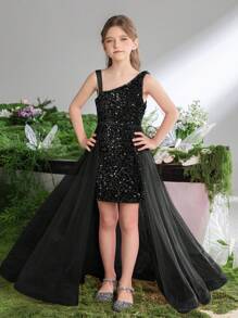 少女不對稱領口腰部網紗拼接亮片裙