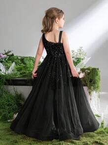 少女不對稱領口腰部網紗拼接亮片裙