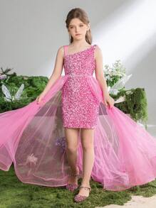 Tween Girl Asymmetrical Neckline Contrast Mesh Sequin Dress