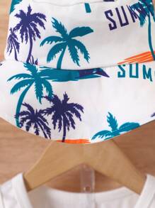 Set de 3 piezas: Chaleco con estampado de palmeras, pantalones cortos con estampado total y sombrero de sol para niños pequeños - Conjunto de vestir casual para vacaciones