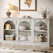 LITTLE TREE Farmhouse Console Table, 63-Inch Long Foyer Table With 3 Tier Storage, Wooden Rectangular Sofa Table For Behind The Couch, Entryway, Hallway, Living Room, Brown - Distressed White - 查看 11