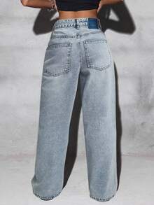 女式中腰简约休闲口袋直筒阔腿牛仔裤，90% 纯棉，宽松版型，无弹力面料，适合春夏日常穿着 - 淺色水洗藍 - 查看 8